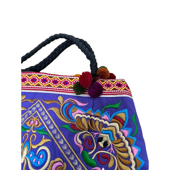 Embroidered 100% Cotton Thailand Boho Hand Bag Shoulder Bag Purse Zipper Pom Pom - Picture 3 of 10